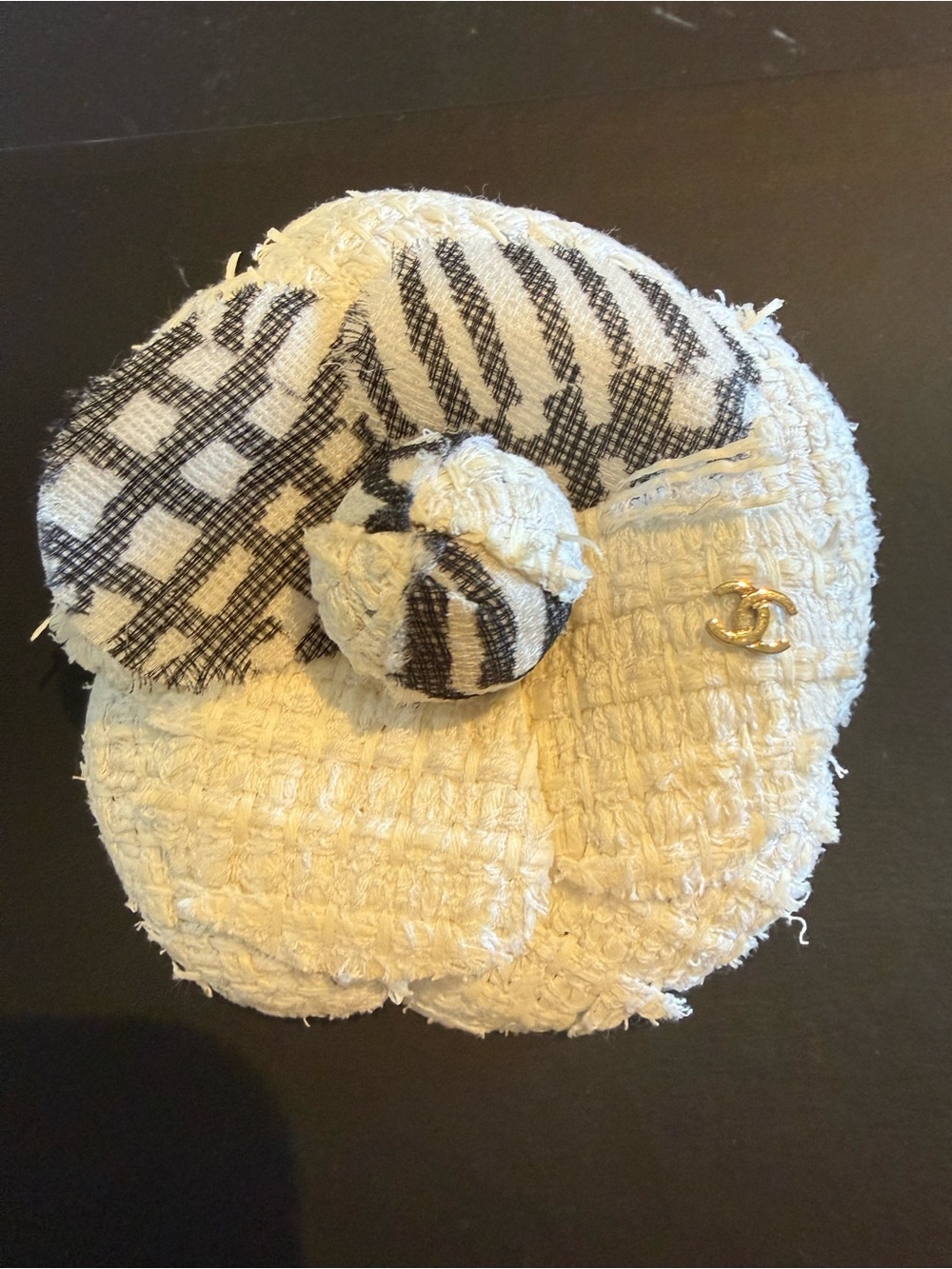 CHANEL Cream and Black Tweed Camellia Hair Accessory with Gold CC